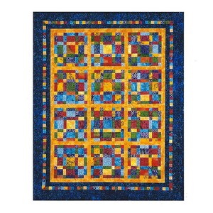 May include: A colorful patchwork quilt with a vibrant design. The quilt features a grid of squares in various colors, including blue, yellow, red, and green. It has a dark blue border and a golden yellow frame, creating a visually appealing textile.