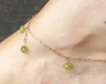 Peridot anklet bohemian peridot anklet in silver chain tumbled peridot beads one of a kind anklet bohemian beach jewelry anklet