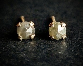 Small Rosecut diamond studs rose cut salt and pepper diamond earrings 14k yellow gold diamond studs grey handmade diamond earrings 3mm