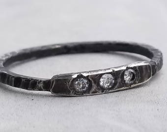 Sterling Silver Stacking band Wedding band 3 cz Cubic Zirconia Stacking Ring Engagement Ring Gothic Wedding Band Hammered Stack Rings