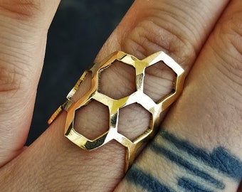 Honeycomb Ring Geometric Wrap Ring Adjustable Honeycomb Bee Ring Save the Bees Honey Comb Ring in Brass Gold Honeycomb Ring Bohemian Ring