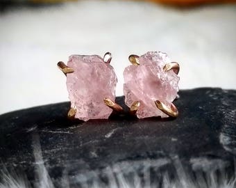 Raw Studs Raw Rose Quartz Studs Rough Stone Studs Raw Stone Jewelry Rose Quartz Earrings Rose Quartz Jewelry Rose Quartz Crystal Earrings