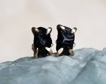 Raw stone earrings Black Tourmaline studs rough stone stud earrings black stone studs raw black stone jewelry rough black stone earrings