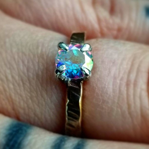 Opalescent Mystic Topaz Solitaire Ring Polished Hammered Solitaire Ring Rainbow Topaz Solitaire Ring Rainbow gem Large Solitaire Ring Band