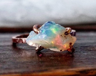 Raw Opal Ring Rose Gold, Sterling silver 14k Opal ring Brass Copper October birth stone Opal ring Rough opal ring raw gemstone Libra Ring