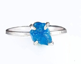 Raw Blue apatite ring raw crystal ring neon blue apatite ring in gold silver brass Deep blue raw apatite ring in rose gold raw stone ring