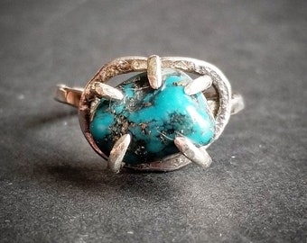 Big Turquoise ring large authentic turquoise nugget pyrite matrix big tumbled turquoise stone set in prongs hammered silver hammered brass