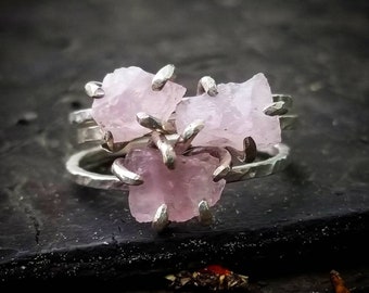 Raw rose quartz SET OF 3 rings raw rose quartz rings silver rose quartz rings Gold boho rose pink quartz rings raw pink quartz rings