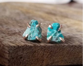 Raw crystal earrings rose gold raw studs blue chrysocolla studs gold natural uncut chrysocolla stud earrings boho turquoise blue studs