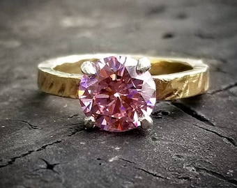 Big CZ Ring Pink CZ Ring Hammered Solitaire Ring Pink Stone Ring Hammered Silver Solitaire Ring Big Mid-Century Engagement Ring Pink Stone