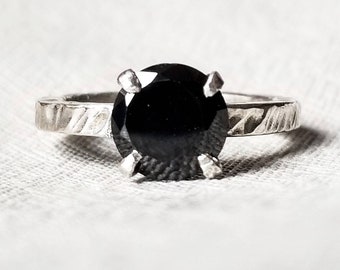 Big CZ Ring Hammered Solitaire Ring Brass Sterling Silver Black Stone Solitaire Ring CZ Brass Solitaire Ring Black CZ Black Solitaire Ring