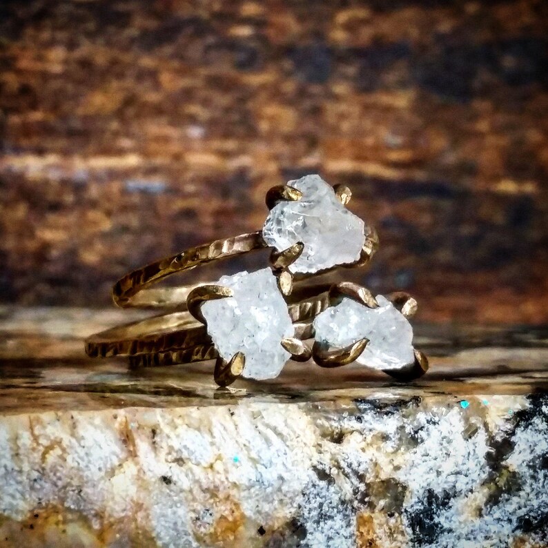 Raw Stone Ring Raw Quartz Rings Set of 3 Raw Quartz Crystal Etsy