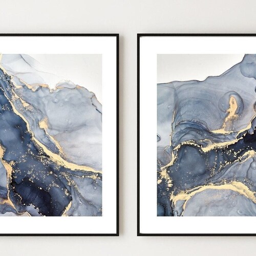 Set of 3 Blue and Gold Prints Detail Abstract Wall Art Home - Etsy UK