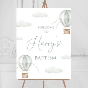 Christening Baptism party Welcome Sign Personalised A4 A3 A2,Clouds Hot Air Balloon, Sage Green Entrance Sign party Decor custom baby unisex