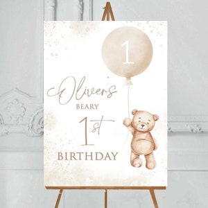 Beige Brown Gold Beary 1st Birthday Welcome sign, Birthday Party Personalised Foamboard party Decor 1st birthday Boys Beige Bear Neutral