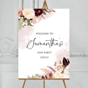 Bridal Shower Welcome Sign Personalised Hen Party Sign A4 A3 A2 simple floral Entrance Sign pink purple, Welcome To bridal shower