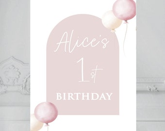 Birthday Party Welcome Sign Personalised A4 A3 A2, Pink girls Entrance Sign, Beige Pink balloon Birthday party Decor Foamboard Print