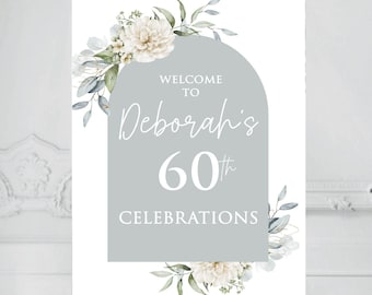 Birthday party Celebration Welcome Sign Personalised Sage green Entrance Sign, Foliage 30th Birthday 60th 18th Thirty Celebration Foamboard