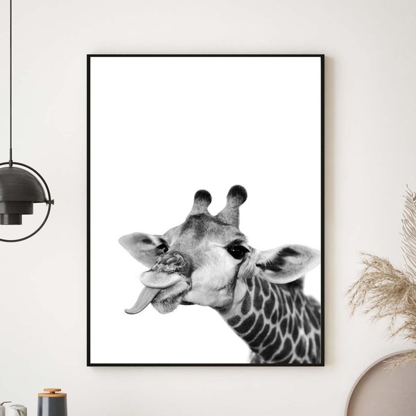 Giraffe tongue out funny Black and White Wall Art, Print Home Decor Poster, Modern, Animal photography, Kitchen Print, Hallway