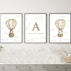 Set of 3 Nursery prints, Personalised Name Wall Art Set, Hot Air Balloon Elephant Lion Bedroom Print Set, Gold Brown Neutral, Baby Gift