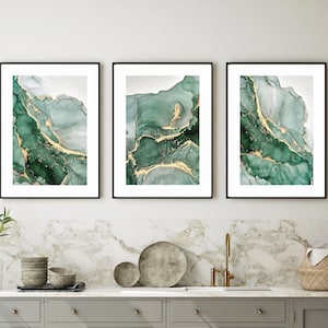 Set of 3 green and gold prints, detail Abstract Wall Art, Home Decor Poster Lounge,  Living Room Kitchen Hallway Bathroom Decor