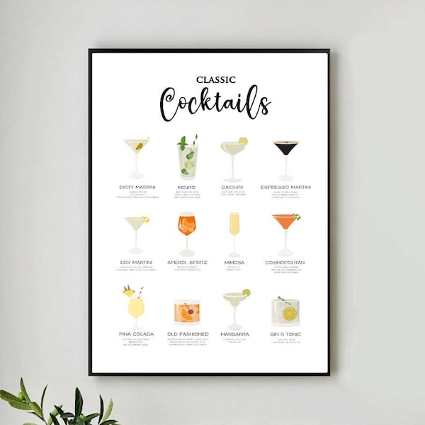 Classic Cocktails Recipe Print Quote Pair, Cocktail Recipe Poster, Cocktail Art, Drink Bar Poster, Kitchen Art, Kitchen Decor,Cocktail Quote