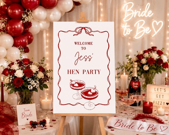Bridal Party Hen Do Party Sign, Cream Red modern theme Poster Bridal shower Party Welcome Sign, Fun Decor Bow Foamboard option