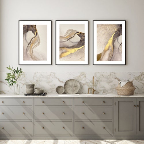 Beige and Gold Abstract Wall Art Set of 3 Prints Etsy UK