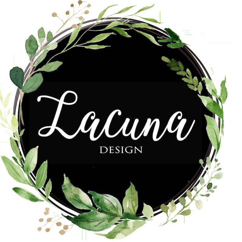 May include: A green watercolor wreath with a white background and the text "Lacuna Design" in the center.