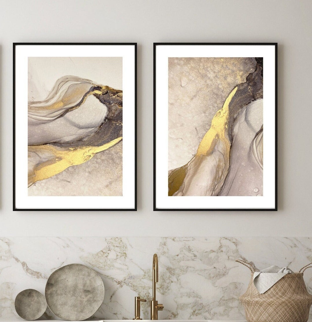Set of 2 Gold Minimalist Abstract Neutral Brown Beige Gold Wall Art ...