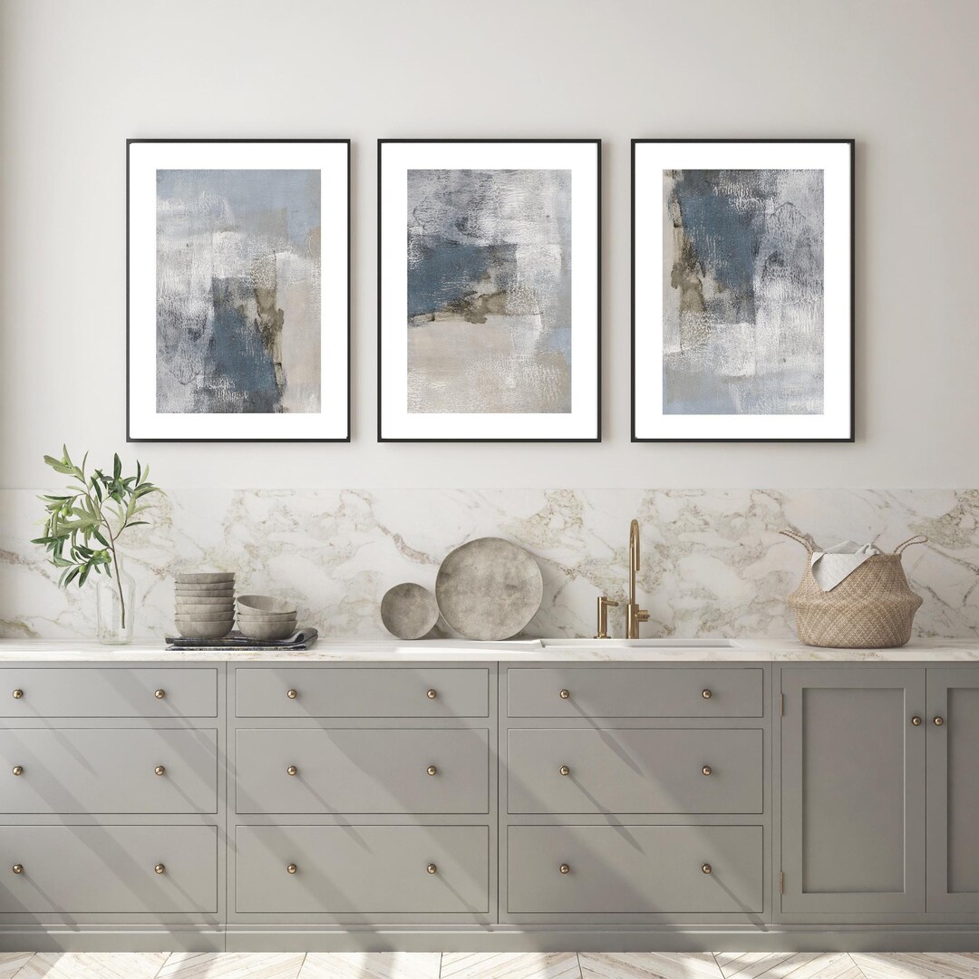Set of 3 Blue and Beige Prints, Detail Abstract Wall Art, Home Decor ...