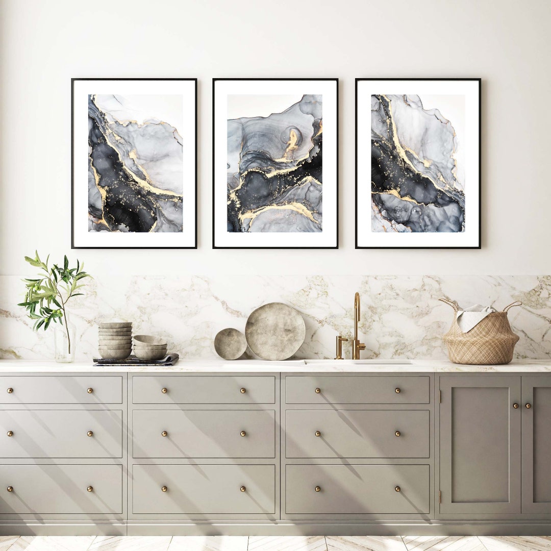 Set of 3 Black and Gold Prints, Detail Abstract Wall Art, Home Decor ...