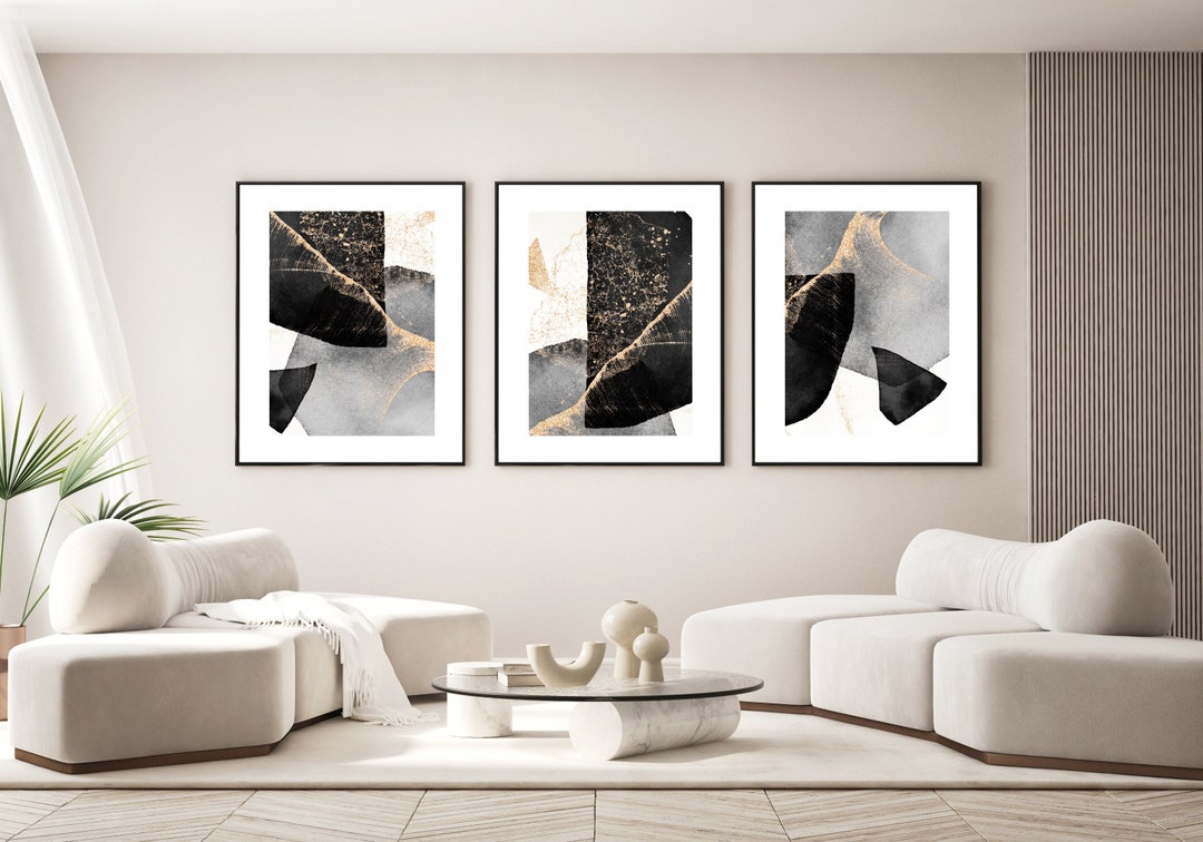 Set of 3 Gold Black White Texture Abstract Detail Wall Art Print Home ...