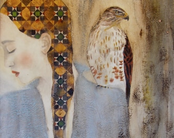 Surrender, woman and hawk art | inspiring decor, unique gift for her, spirit animal, quilter, bird lover, empowered woman, dreamy giclee