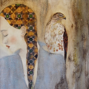 May include: A painting of a woman with a patterned head scarf and a hawk perched on her shoulder. The woman is wearing a blue shirt and the background is a textured beige.