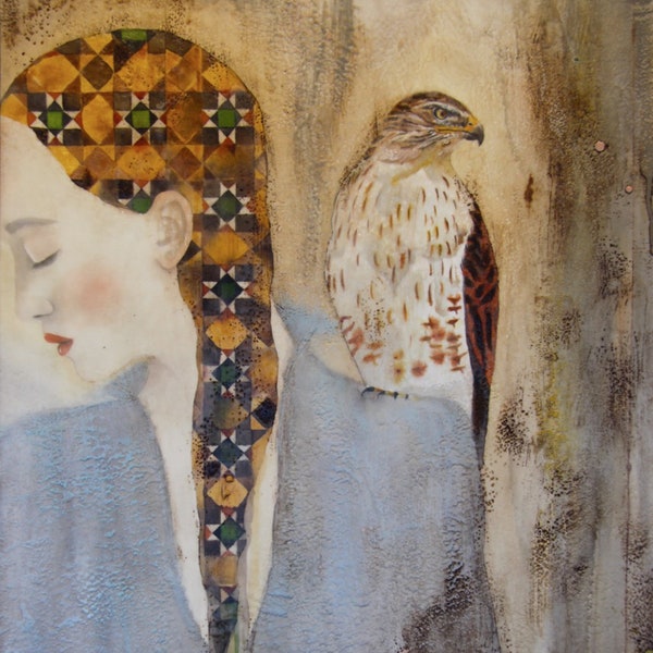 Surrender, woman and hawk art | inspiring decor, unique gift for her, spirit animal, quilter, bird lover, empowered woman, dreamy giclee