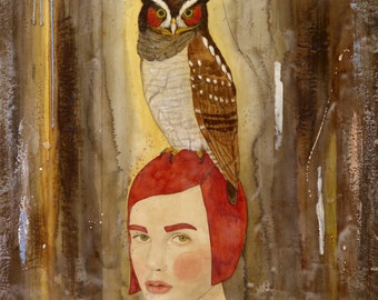 Messenger, owl painting, inspiring artwork, mystical red haired woman | dreamy earth tones| bird lover, unique gift for her, empowered woman