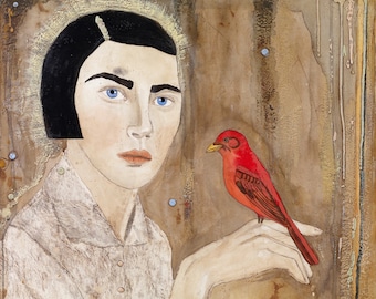 Annunciation | inspiring Giclée print | bird art | woman with red bird | unique wall art | fine art décor | encaustic painting
