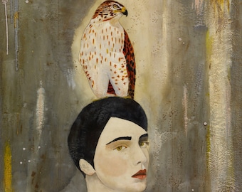 Awareness | hawk print of encaustic painting | inspiring art | woman with hawk | bird of prey wall art | unique office décor | Giclée print