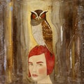 Messenger, owl painting, inspiring artwork, mystical red haired woman | dreamy earth tones| bird lover, unique gift for her, empowered woman