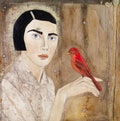 Annunciation | inspiring Giclée print | bird art | woman with red bird | unique wall art | fine art décor | encaustic painting