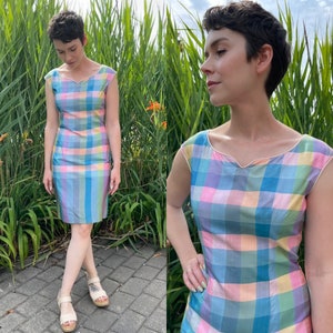 1960s Blue Pink Plaid Cocktail Dress - Small
