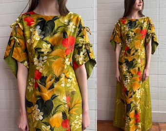 1960s 60s 70s Green Hawaiian Maxi Sheath Dress with Tropical Orange Floral Print - Small