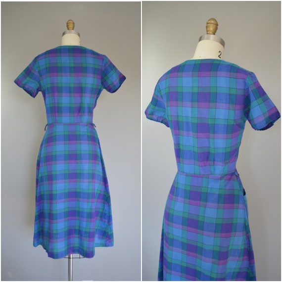 1950s Purple Blue Green Plaid Shirt Waist Dress B… - image 2