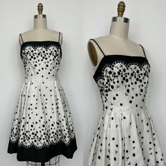 1950s 50s Black & White Floral Dress xsmall xs Gem