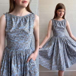 1950s 50s Lanz Blue Knee Length Dress with Unique Pattern - XS