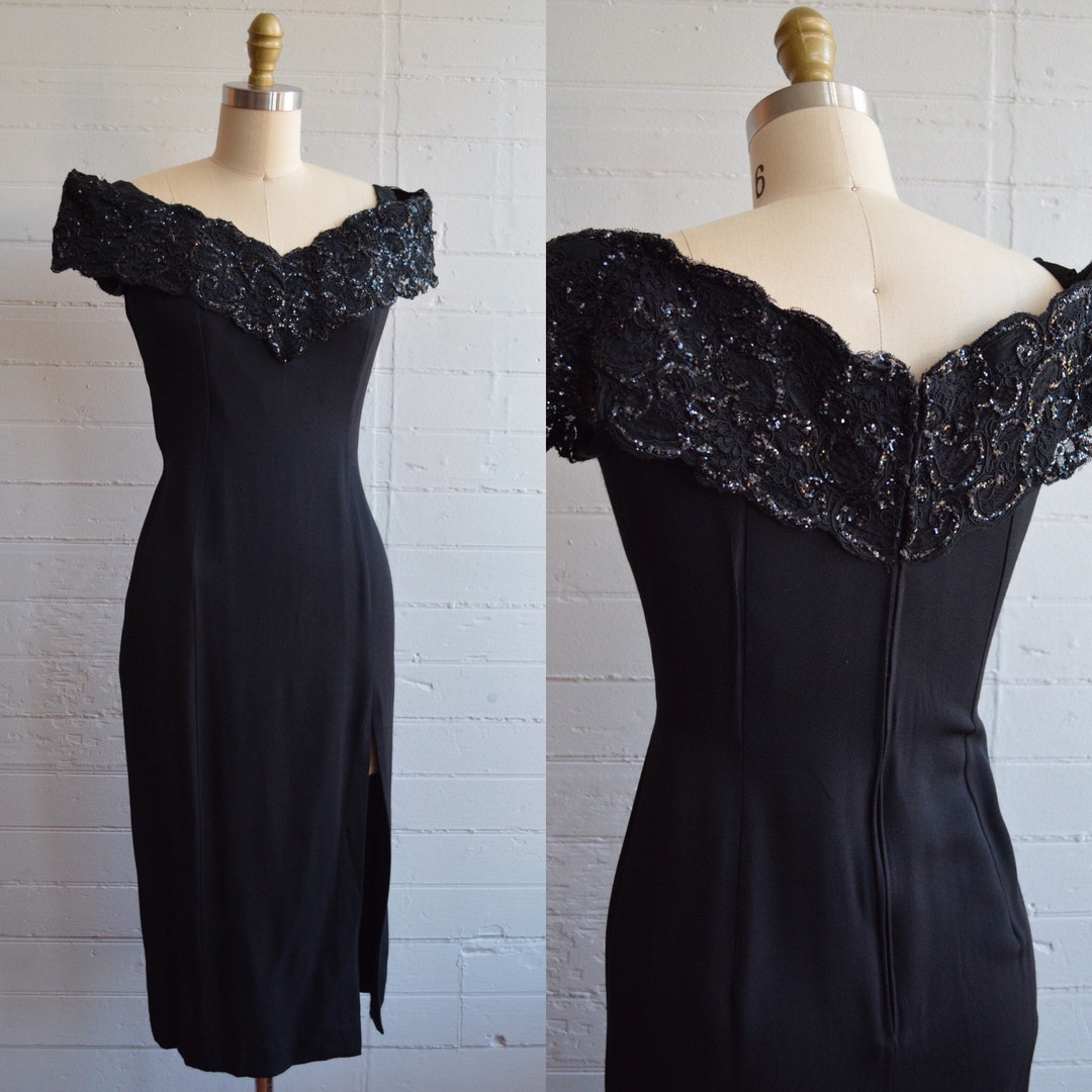 1980s 80s off Shoulder Black Dress With Slit Small / Medium - Etsy