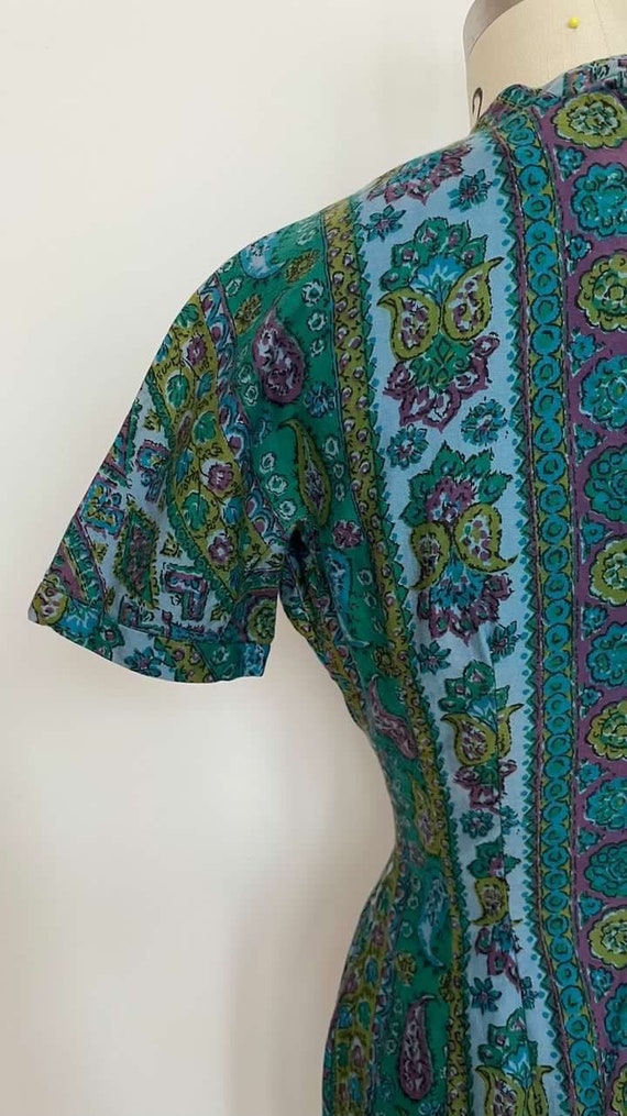 1950s 50s Blue Green Floral Paisley Wiggle Dress … - image 5