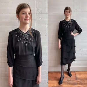 1940s 40s Black Tea Length Dress with Leaf Beading Design - M/L