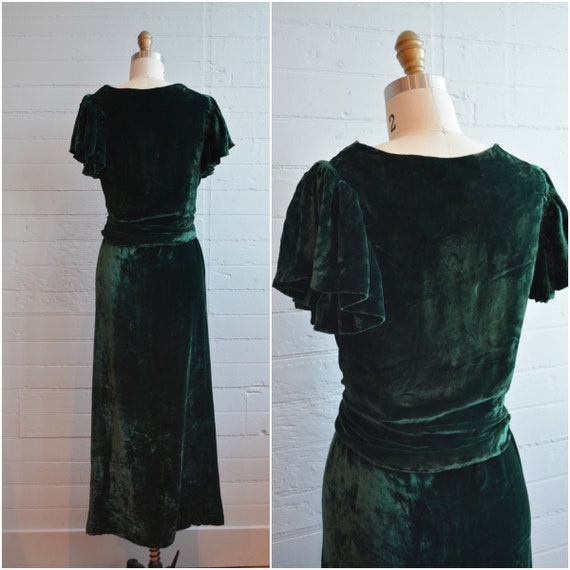 1930s 30s Green Velvet Holiday Dress Butterfly Sl… - image 2